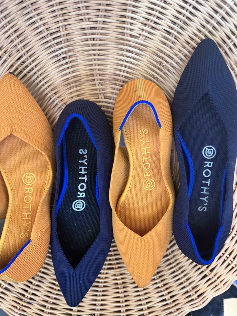 Rothy's Pointed Knit Flats in Navy Blue and Mustard - Picture 3 of 5